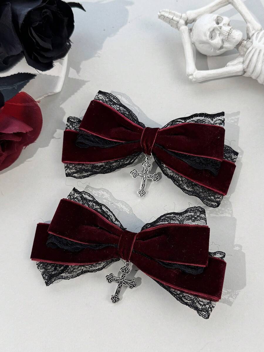 2pcs Women's Lace & Flocked Dark Color Gothic Style Cross Hair Accessories Hair Clips, Suitable For Holiday Dress-Up And Gothic Enthusiasts Daily Wear - Multicolor - View 1