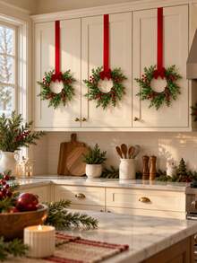 Christmas Kitchen Decor, 6 Pcs Mini Wreaths For Cabinets, Small Cabinet Wreaths For Kitchen Window Door Xmas Party Decorations Candle Rings Fireplaces (Pine And Cypress Christmas Wreath) - Red - View 9