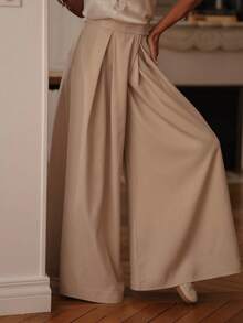 Plus Size Women's Solid Color Pleated Casual Versatile Daily Wear Wide Leg Pants - Apricot - View 3