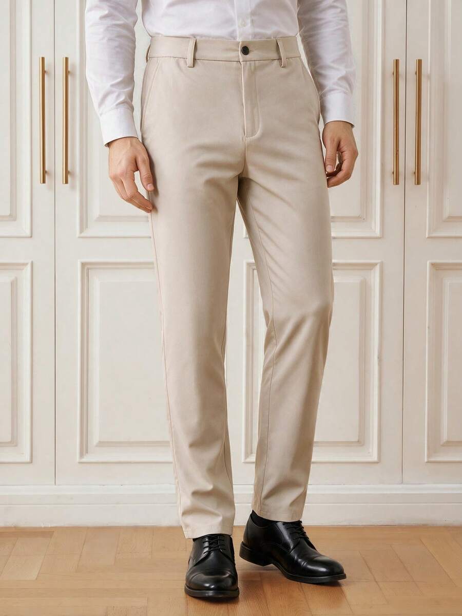 Officeau Pantalones de traje slim fit color caqui para hombre, para negocios formales/oficina - Caqui - Ver 1