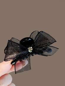 2pcs Fashion Rhinestone Mesh Bow Hair Claw Clips, Princess Style Side Bangs Top Hair Claw - Black - View 3