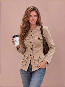 Women's Round Neck Vintage Suede Fitted Coat, Regular Length, Multiple Flap Pockets, Fall Winter Commute Outerwear - Khaki - View 4
