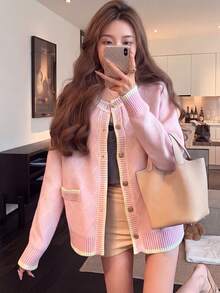 Alicedudu Women's Vintage Style Casual Loose Knit Cardigan Sweater With Diamond Pattern, Autumn/Winter Pink Fall - Pink - View 1