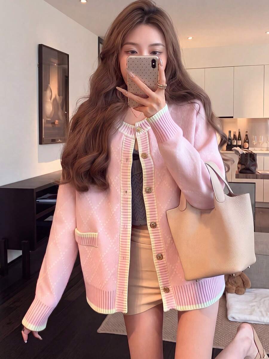 Alicedudu Women's Vintage Style Casual Loose Knit Cardigan Sweater With Diamond Pattern, Autumn/Winter Pink Fall - Pink - View 1