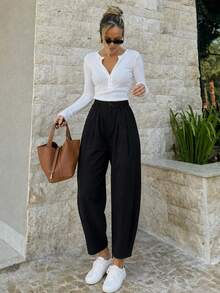 Black Elastic High Waist Pleated Harem Pants, Casual Loose Cropped Pants - Black - View 3