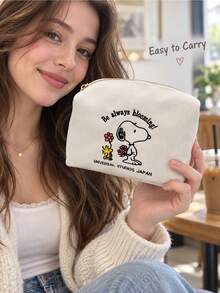 Miniso Cute Snoopy Peanuts Canvas Zipper Pouch, Cartoon Print Makeup Organizer Bag, Small Storage Case For Cosmetics Keys, Ideal Gift For Christmas & Party, Travel Daily Carry - White - View 3
