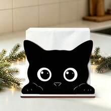 1pc Black Cat Peeking Wooden Napkin Holder, Cute Cartoon Kitten Paper Towel Dispenser, Kitchen Dining Table Desktop Napkin Storage Box, Tabletop Napkin Rack Decor - Multicolor - View 3