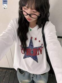 Women's Fashion Autumn/Winter Loose Versatile Letter & Star Print Long Sleeve T-Shirt - White - View 2