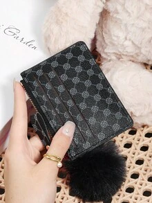 Women's Presbyopia Printed Credit Card Storage Wallet With Zipper Closure, Adorned With A Delicate Pom-Pom, Suitable For Portable Use - Black - View 13