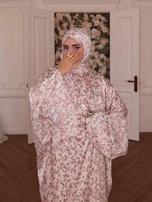 Women's Floral Print Abaya Set With Matching Hijab, Elegant Batwing Sleeve Long Dress, Modest Muslim Dubai Islamic Robe, Suitable For Daily Wear And Party - Multicolor - View 4