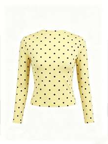 Women's Round Neck Long Sleeve T-Shirt, Spring/Autumn New Fashion Polka Dot Pattern Design, Pure Desire Hot Girl Style, Casual Versatile Slim Fit Cropped Top, Suitable For Daily Wear - Yellow - View 4