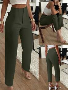 Women's Elegant Commuter Pleated Side Pocket Tapered Leg Long Pants - Army Green - View 5