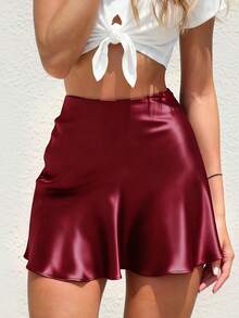 Women's Classic Soft Silky Satin High Waist Invisible Elastic Skirt Elegant A-Line Skirt Party Holiday Halloween Summer Outfit - Burgundy - View 7