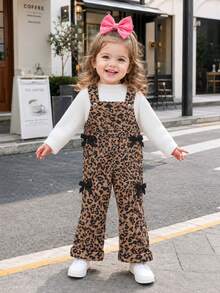 Autumn New Girls' Leopard Print Jumpsuit Set 2pcs, Black Bow Decor Leopard Print Overalls + White Semi-High Neck Ribbed Long Sleeve Base Layer - Brown - View 9