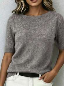 Women's Wool Blend Soft Knit Short Sleeve Top, Loose Fit, 15% Wool Content, Basic Crew Neck Solid Color Half Sleeve Lightweight Knit Sweater, Quiet Luxury Minimalist Commuter Style, Suitable For Office And Business Wear - Grey - View 4