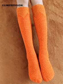 CLIMPRESSION Christmas Mid-Calf Socks, Plush Coral Fleece Warm Slippers Socks With Pom Poms, Holiday Role Play Indoor Floor Socks - Orange - View 4