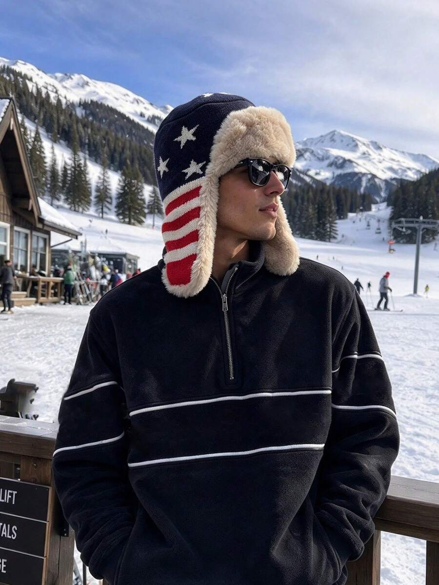 1pc Men's Thick Fleece Lined Ushanka Hat, Star-Spangled Banner Plush Earflap Hat, Suitable For Outdoor Skiing And Mountaineering - Star Letters - View 1