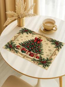 2/4/6 Pcs Christmas Tree Letter Solid Printed Placemats Vintage Polyester Rectangular Heat Resistant Table Mats For Christmas Dining Table Decor - Apricot - View 3