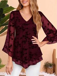 CheersLife Women's Elegant V-Neck Double-Layer Elastic Mesh Casual Flowy Work Blouse With Ruffle Trim And 3/4 Bell Sleeves Red - Red - View 3