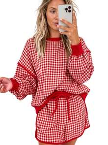 Acelitt Setelan Wanita Musim Semi/Gugur Motif Kotak-kotak 2 Potong Atasan Lengan Panjang Leher Bulat Longgar + Rok Celana Rajut Lembut, Cocok untuk Sehari-hari, Liburan, Kencan - Merah - View 1