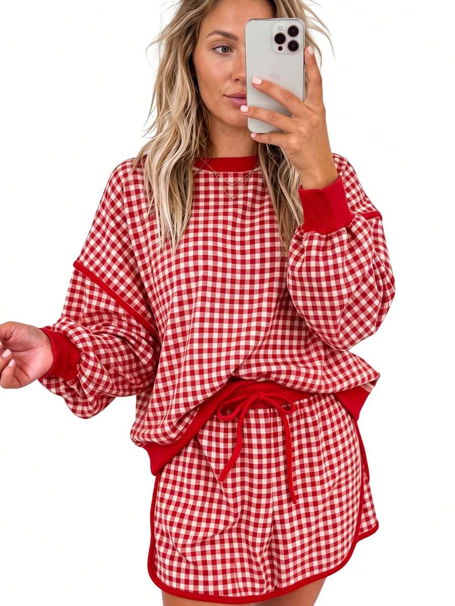 Acelitt Setelan Wanita Musim Semi/Gugur Motif Kotak-kotak 2 Potong Atasan Lengan Panjang Leher Bulat Longgar + Rok Celana Rajut Lembut, Cocok untuk Sehari-hari, Liburan, Kencan - Merah - View 1