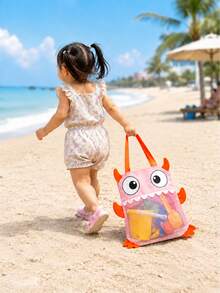1pc Kids Beach Toy Bag, Large Foldable Mesh Tote, Pink Cute Monster Sand-Filtering Storage Bag For Beach, Pool, Bath And Indoor Toys - Pink - View 5