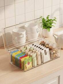 1pc Hinged Lid Divided Tea Bag Storage Box, Transparent Stackable 4-Compartment Plastic Tea Bag Organizer, Suitable For Kitchen And Countertop - Multicolor - View 1