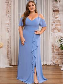 Plus Size Women's Off-Shoulder Ruffle Slit Bridesmaid Dress, Elegant Wedding Guest Dress - Baby Blue - View 2