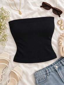 Women's Black Sexy Strapless Top, Basic Camisole Inner Layer For Autumn Outfits - Black - View 9