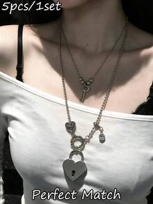 2pcs Women's Pendant Necklace Set, Fashionable Personalized Hip Hop Key Lock Pendant Necklace, Couple Necklace, Daily Party Matching - Silver - View 8