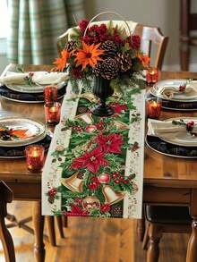 1PC Festive Charm, Christmas Cheer Table Runner - Red Flowers, Bells & Tree Design | Polyester, Rectangular | Ideal For Holiday Decor, Family Gatherings & Kitchen Festivities - Ginger - View 6