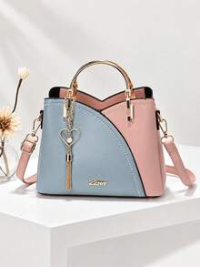 1pcsWomen's Fashion Colorblock Handbag, Pink Blue Tote Purse With Metal Handle, Adjustable Shoulder Strap, Crossbody Bag For Work, Travel & Dailyset - Multicolor - View 1
