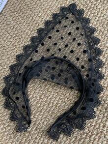 1PC Black Polka‑Dot Sheer Tulle Headband, Vintage Lace‑Trimmed Headpiece, Masquerade & Performance Hair Accessory - Black - View 6