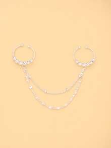 1pc Multi-Layer Chain Double Finger Connected Ring, Gold Bead Decorated Exquisite Double Finger Linked Chain Ring, Daily Casual Party Wear Accessory - Rhinestones - View 10