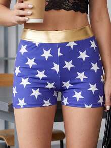 Women's Star Print Shorts, Gold Waistband Mid Rise Booty Shorts For Halloween Party - Blue - View 8