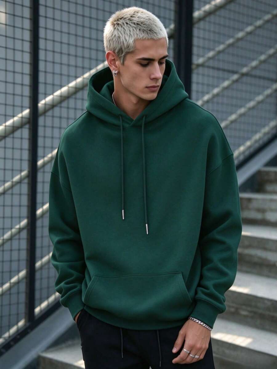 Simple Studio | Men's Solid Color Drop Shoulder Long Sleeve Drawstring Pocket Casual Hoodie, Autumn/Winter, Back To School Season