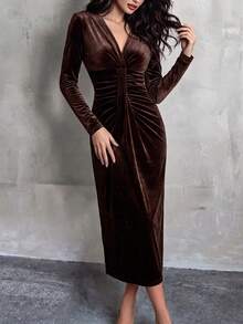 Unadoll Women's Autumn/Winter Brown Velvet Mid-Length Dress, Elegant Pleated Slim Fit Long Sleeve Dress, Suitable For Party, Date Night And Homecoming Dance Fashion Outfit - Coffee - View 7