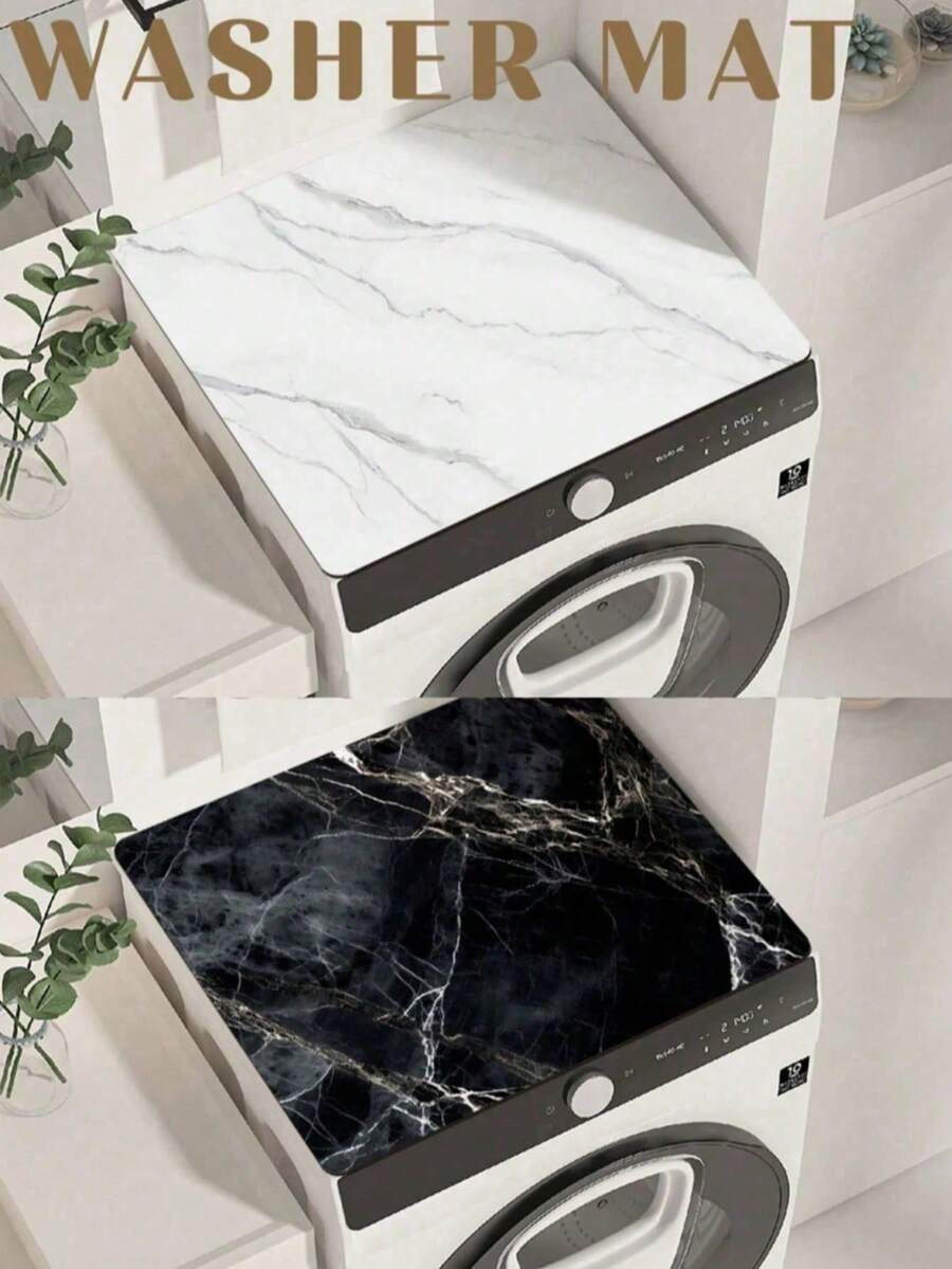 1pc Luxury Marble Pattern Diatomaceous Earth Washing Machine Top Mat, Super Absorbent & Quick Drying, Non-Slip Bottom, Washing Machine Dryer Cover Protective Pad, Dust-Proof, Mold-Proof, Splash-Proof, Scratch-Resistant, Easy To Clean & Reusable Drainage Mat, Suitable For Laundry Room, Kitchen - Black and White - View 1
