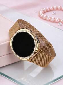 磁吸環米蘭尼斯錶帶 + 水鑽鑲嵌錶殼，相容 Galaxy Watch9/8 40mm 44mm，柔軟透氣貼身可調節金屬網狀錶帶，時尚奢華防摔硬 PC 錶殼，相容 Galaxy Watch 女款休閒運動商務派對錶帶與錶殼套組，易佩戴，舒適耐用 - 米蘭錶帶+鑲鑽錶殼-金色 - 查看 1