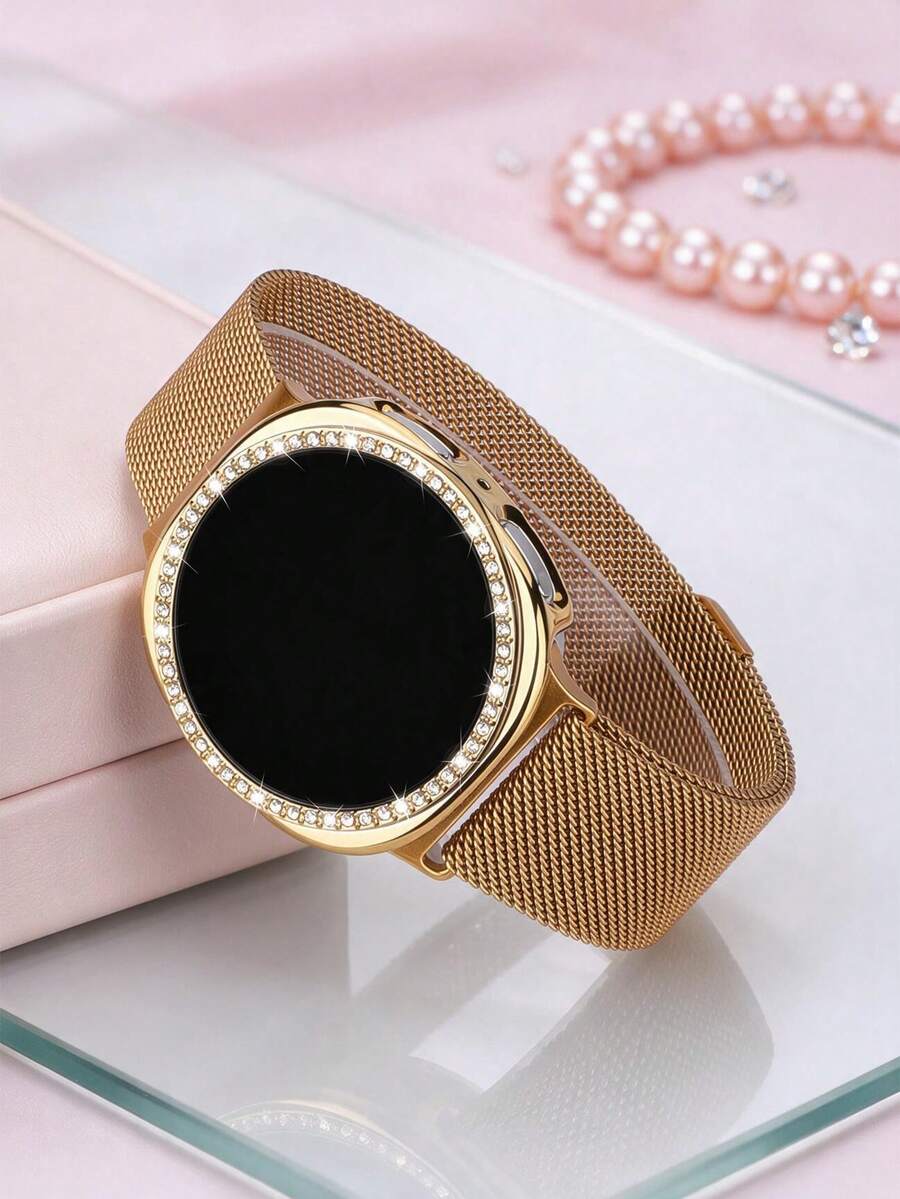 磁吸環米蘭尼斯錶帶 + 水鑽鑲嵌錶殼,相容 Galaxy Watch9/8 40mm 44mm,柔軟透氣貼身可調節金屬網狀錶帶,時尚奢華防摔硬 PC 錶殼,相容 Galaxy Watch 女款休閒運動商務派對錶帶與錶殼套組,易佩戴,舒適耐用 - 米蘭錶帶+鑲鑽錶殼-金色 - 查看 1