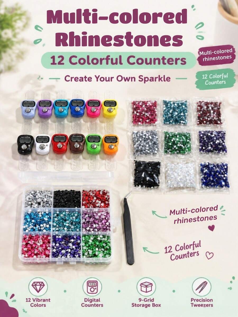 9026pcs/1set DIY Rhinestone Ring Digital Counter Full Tool Kit, Braided Arrangement Shiny Counting Ring, Handmade Craft Set, Easy To Store