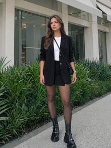 女款秋季時尚優雅休閒黑色西裝外套與迷你裙兩件套，適合辦公室工作、外出與度假 - 黑色 - 查看 3