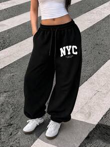 Women's Casual Loose Fit NYC Letter Print Gray Joggers, Fall And Winter Pants Black - Black - View 2