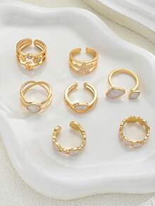 7pcs Fashion Minimalist Elegant Flower Heart Star Moon Sun Drip Oil Rings Set For Women, Suitable For Vacation, Date, Party, Ball, Banquet, Festival, Birthday Gift, Daily Wear (No Box) - Yellow Gold - View 5