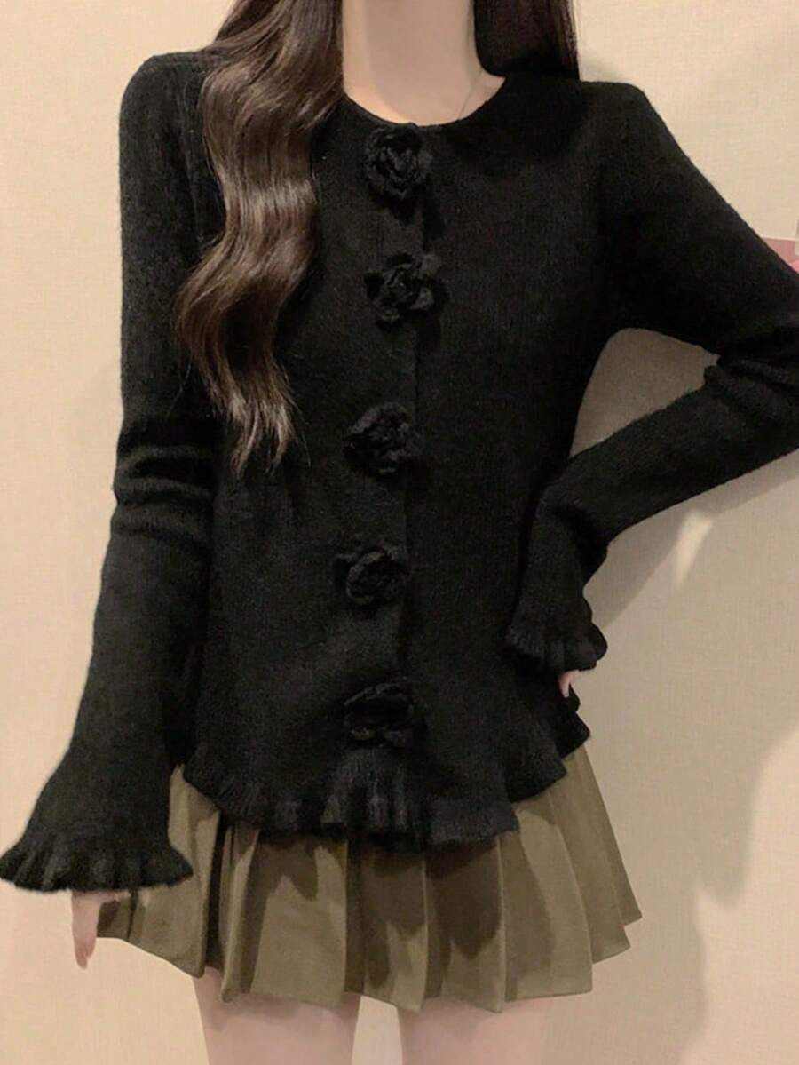 Women's Soft Sweet Rose Button Asymmetrical Cardigan New Flare Sleeve Top - Black - View 1