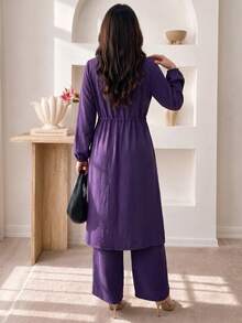 Women's Wrinkled Texture Lapel Front Button Cardigan Top + Wide Leg Pants 2pcs Set, Drawstring Waist Long Sleeve Casual Outfit, Elegant And Decent - Purple - View 4