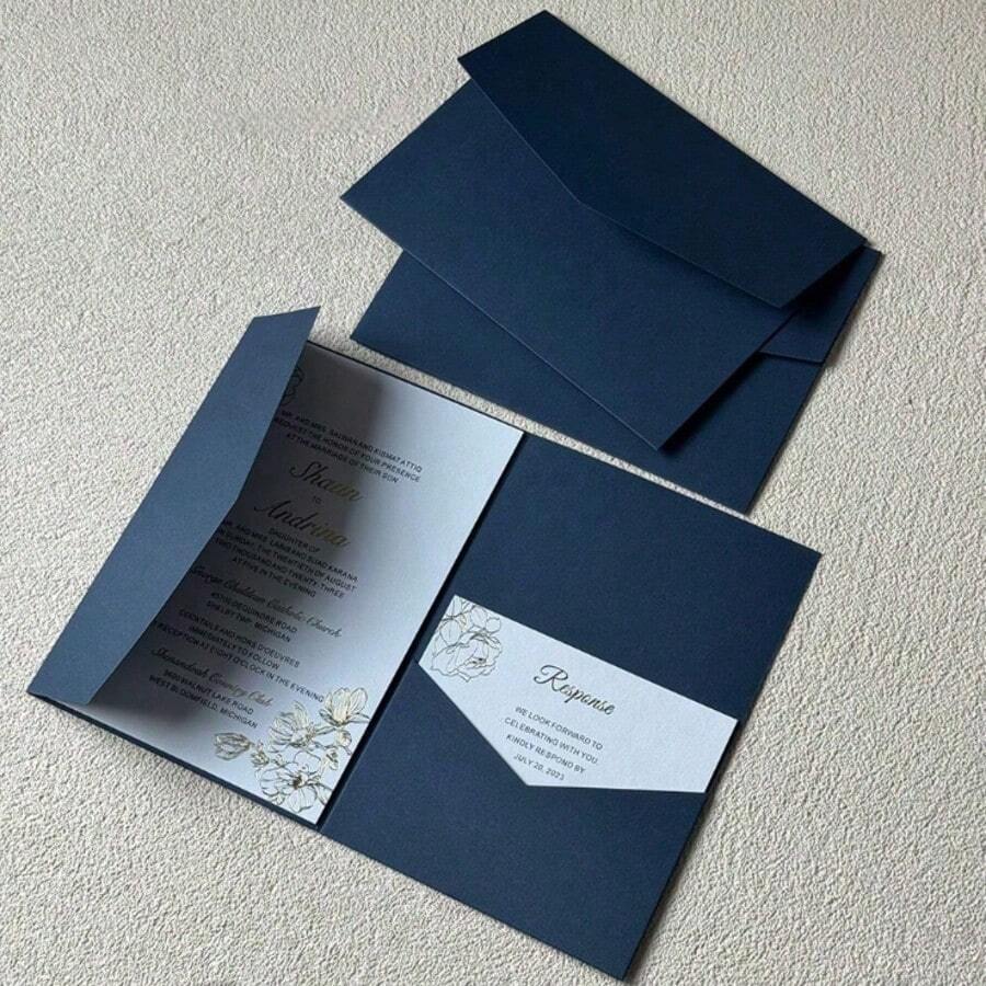 Tri-Fold Pocket Wedding Invitation Sleeves, Simple Invitation Envelopes For Engagement, Quinceañera, Baptism, Etc., DIY Invitations, 5*7 Inch Invitations, Pocket Invitations, Custom Invitations, Christmas Cards - Navy Blue - View 1
