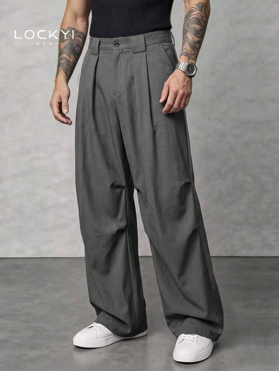 Men's Autumn/Winter Gray Suit Pants, Draped Wide Leg Loose Straight Leg Versatile Casual Dress Trousers - Dark Grey - View 1