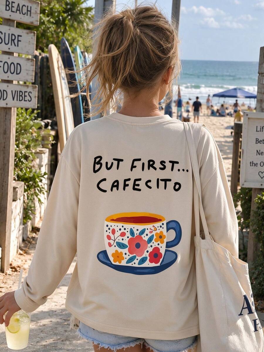 Tween Girls Long Sleeve Tee, Floral Coffee Cup Back Graphic Print, Fall & Winter Casual Daily Tops - Apricot - View 1