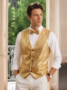 Officeau Men's Gold Sequin Waistcoat, Glamorous Tuxedo For Party/Stage/Performance, Gift For Father/Husband - Gold - View 1